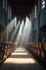 Obraz premium Sunlight streams through tall windows into a long wine cellar, lined with wooden barrels