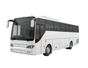 Side view of a large, white passenger bus on a transparent background