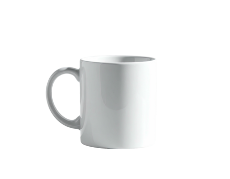 Plain white ceramic mug, handle on left, stands out against black background