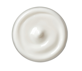 Creamy white substance in a round dish, top-down view.  Smooth, glossy texture, centered bump