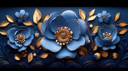 Intricate blue and gold floral design with detailed petals and leaves creating an elegant and luxurious decorative pattern
