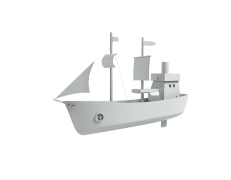 A 3D rendered white boat on a black background, side view with sails and masts