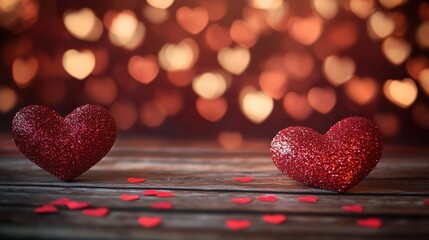 Two glittering red heart shapes on a wooden surface with scattered small heart confetti and blurred heart-shaped lights in warm tones in the background creating a romantic atmosphere