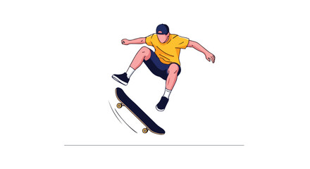 Fototapeta premium Dynamic skateboarder executing an aerial trick with bold outlines against a clean white backdrop offering simplicity and contemporary aesthetic