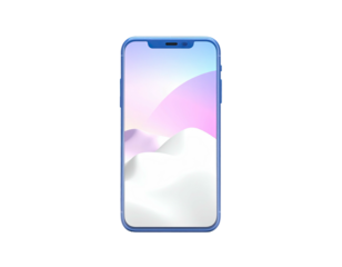Blue phone with abstract pastel landscape on screen, centered on black background