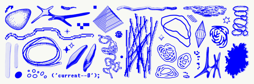 Graphic geometric shape asset pack. Textured, pixelated and bitmap vector figures. Various form stickers. Isolated elements. Vector creative illustration