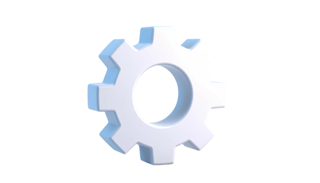 3D rendered, isolated white gear icon on a transparent background