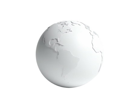 White, stylized 3D globe against a black background, showing continents