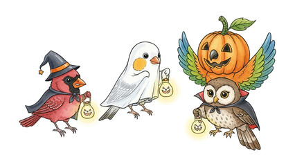Halloween Birds: A whimsical collection of birds, each donned in festive Halloween attire, bringing a charming touch to the spooky season. 