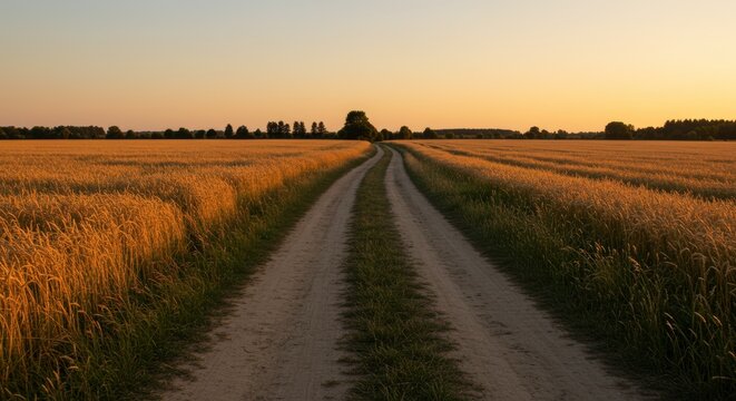 Dirt road through wheat fields at sunset landscape of agriculture and harvest