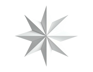 A white, eight-pointed star with shading against a black background