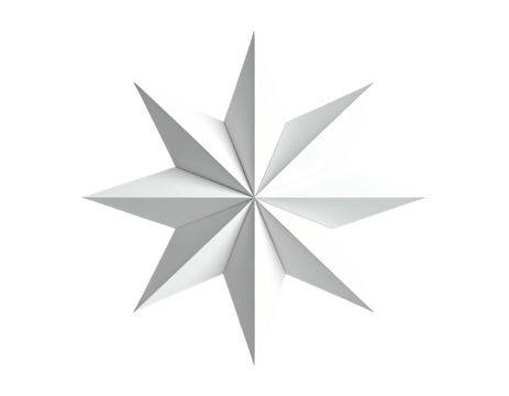 A white, eight-pointed star with shading against a black background