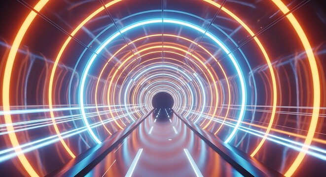 Neon tunnel with concentric orange and blue glowing rings and light streaks image photo