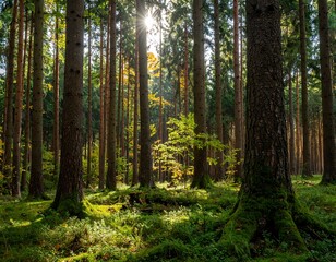 Fototapeta premium Sunlight streams through a dense forest (12)