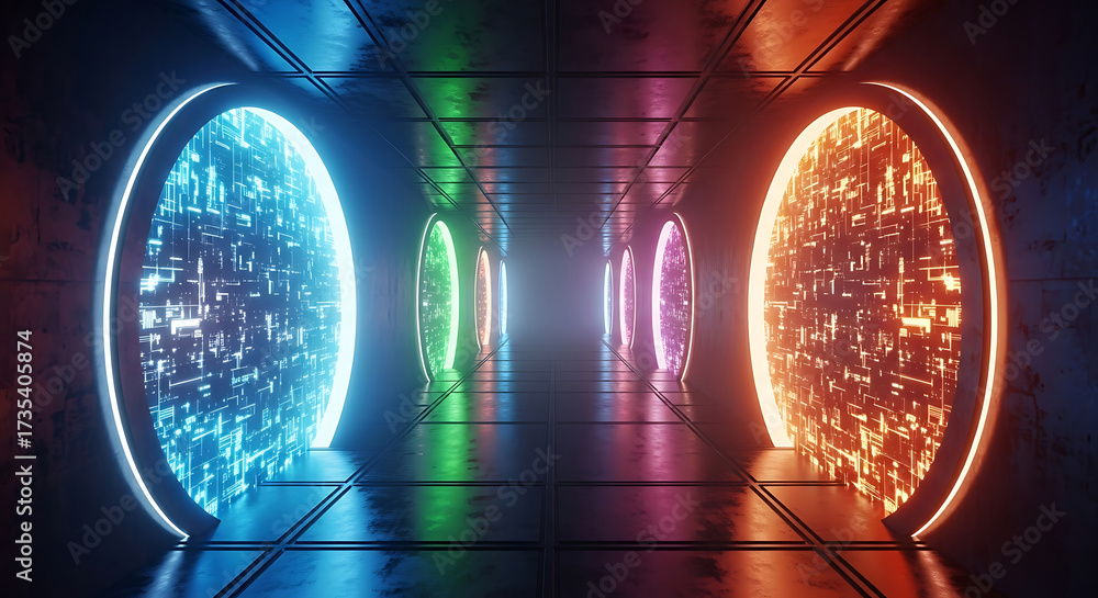 Wall mural sci- fi corridor with circular glowing portals of light abstract architecture