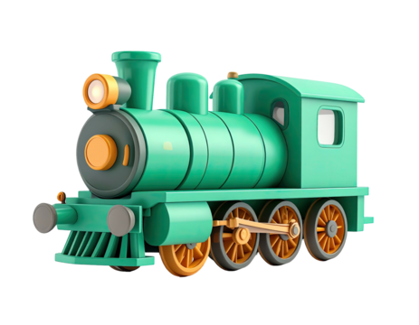 A 3D cartoon depiction of a green toy steam engine with orange accents