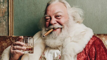 Jolly Santa enjoys a cigar and whiskey in a plush armchair, twinkling lights and wood textures set a cozy grown‑up holiday mood; playful seasonal footage tailored for pubs