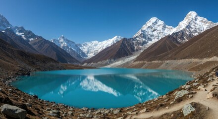 Turquoise mountain lake reflecting peaks