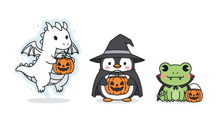 Whimsical Halloween Creatures: A delightful trio of charming cartoon creatures, each holding a carved pumpkin, celebrating Halloween with joy and playful spirit. 