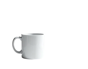 A white ceramic mug with a rounded handle stands isolated against a black background