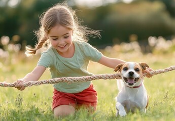 smiling young girl with braided hair playing tug of war with a happy small dog outdoors in a grassy field on a sunny day