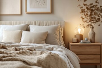 Cozy bedroom interior with an unmade bed featuring soft beige and cream bedding, decorative pillows, wooden nightstand with glowing lamp, dried plants and framed wall art