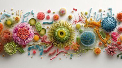 A colorful and detailed arrangement of various microorganisms on a white surface in a detailed view