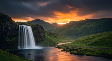 Dramatic waterfall landscape at sunset with mountains and river under a colorful sky natural scenic environment