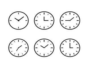 Elegant stock vector design with six minimalist quarter past time icons in line art