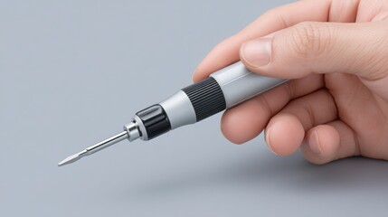 technician Hand holding a precision screwdriver against a gray background.