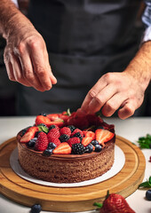 Pasticcere sta decorando una torta dolce