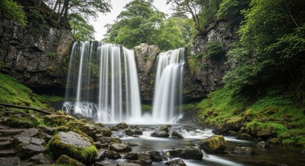 Obraz premium Two cascading waterfalls in a lush green valley