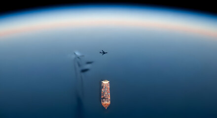 Dynamic aerial perspective of a cargo ship and airplane symbolizing global transport and connectivity