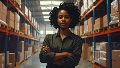 Portrait of woman and confident at warehouse for distribution, logistics industry and package inventory. 