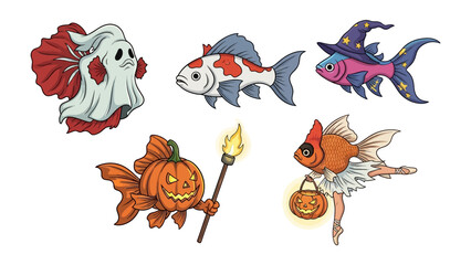 Whimsical Halloween Fishes: A charming illustration presents a collection of creatively designed fishes, each adorned in captivating Halloween attire, showcasing artistry.