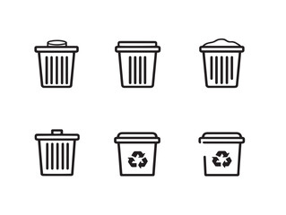Six clean minimalist trash bin vector icons in modern line art stock design