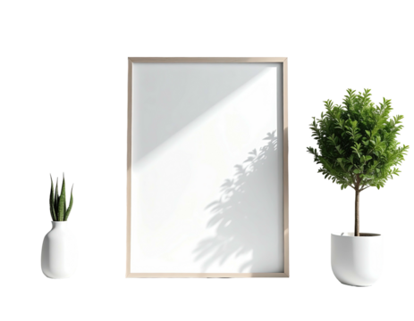 Framed white space centered, flanked by houseplants against a dark background