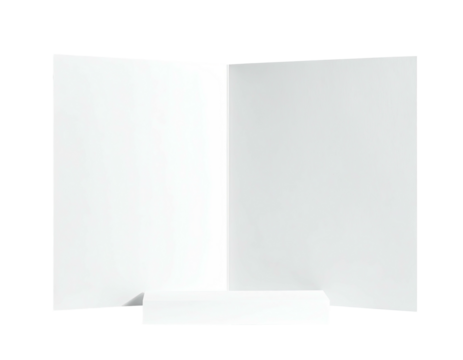 An open, white, blank card displayed on a white platform, isolated on black
