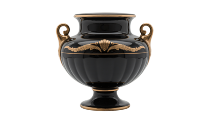 Elegant black urn with ornate gold accents and handles