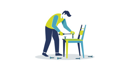 Artistic portrayal of a person repairing a chair with a screwdriver in a workshop setting, showcasing craftsmanship and restoration skills