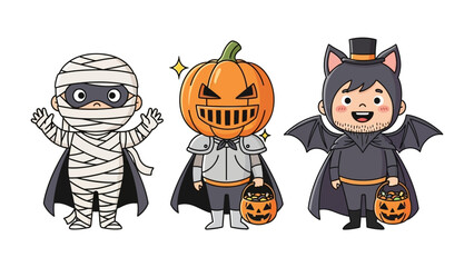 Spooky Trio: A group of three dressed in Halloween costumes, representing traditional elements of the Halloween holiday.
