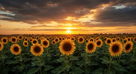 Field of sunflowers under a dramatic sunset sky with vibrant yellow blossoms in nature scenery