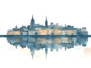 Obraz premium Watercolor cityscape with reflection on water