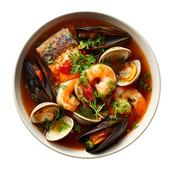 A bowl of seafood stew with fish shrimp clams and fresh herbs png
