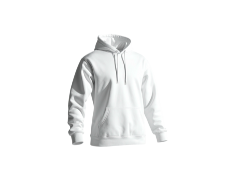 A pristine white hoodie, slightly angled, isolated against a black backdrop