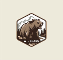Vintage logo of Bear Vector with mountain background