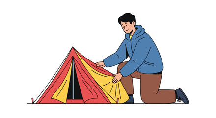 Illustrative depiction of a man setting up a vibrant tent for a camping adventure outdoors showcasing preparation and recreational activities in