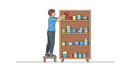 A person arranges a variety of colorful cups on shelves, standing on a stool to reach the upper levels, showcasing home organization and interior