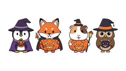 Halloween Friends: A whimsical illustration features a charming ensemble of dressed up critters. The image portrays a festive scene of animal in Halloween costume. 