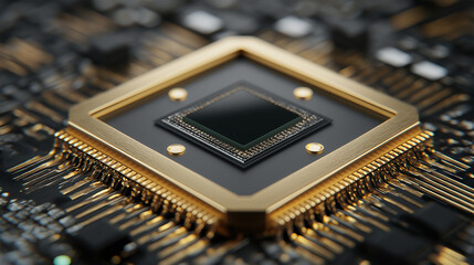 Close up of a central processing unit with golden accents and black background motherboard details